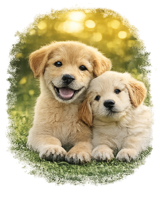 Two puppies resting together with a playful, hopeful expression